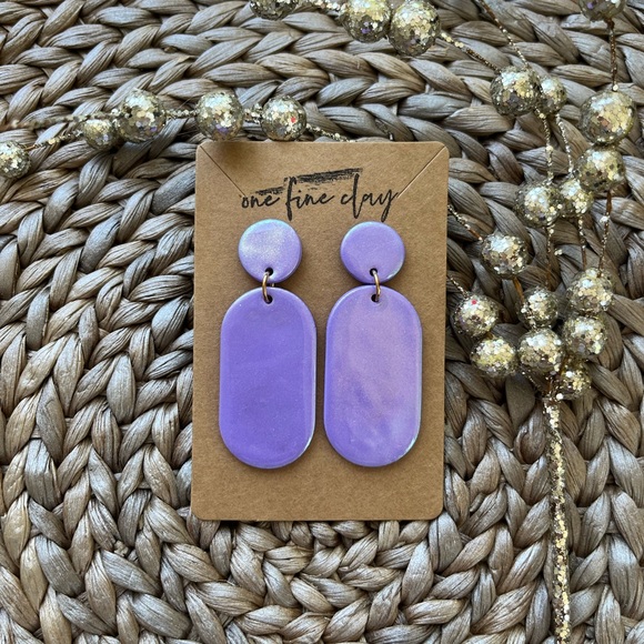 Iridescent Purple Clay & Resin Dangle Earrings - Picture 3 of 8